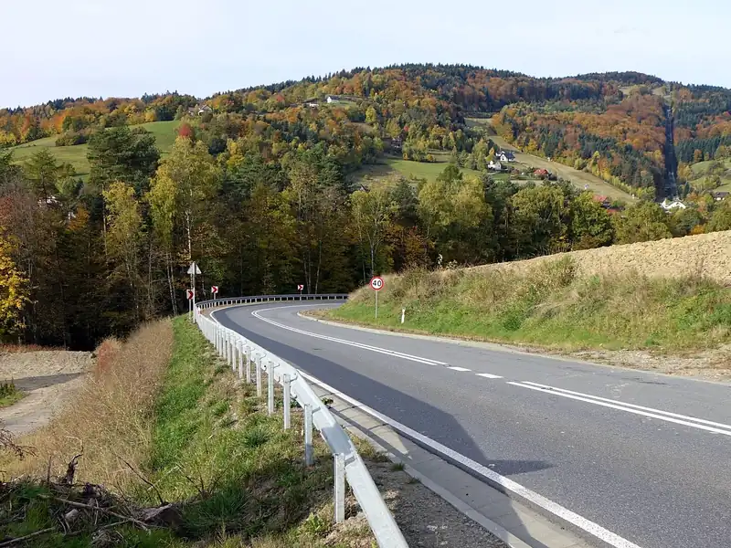 Zalesione zbocze Kamionnej z przecinką stoku narciarskiego jesienią, na pierwszym planie kręta szosa